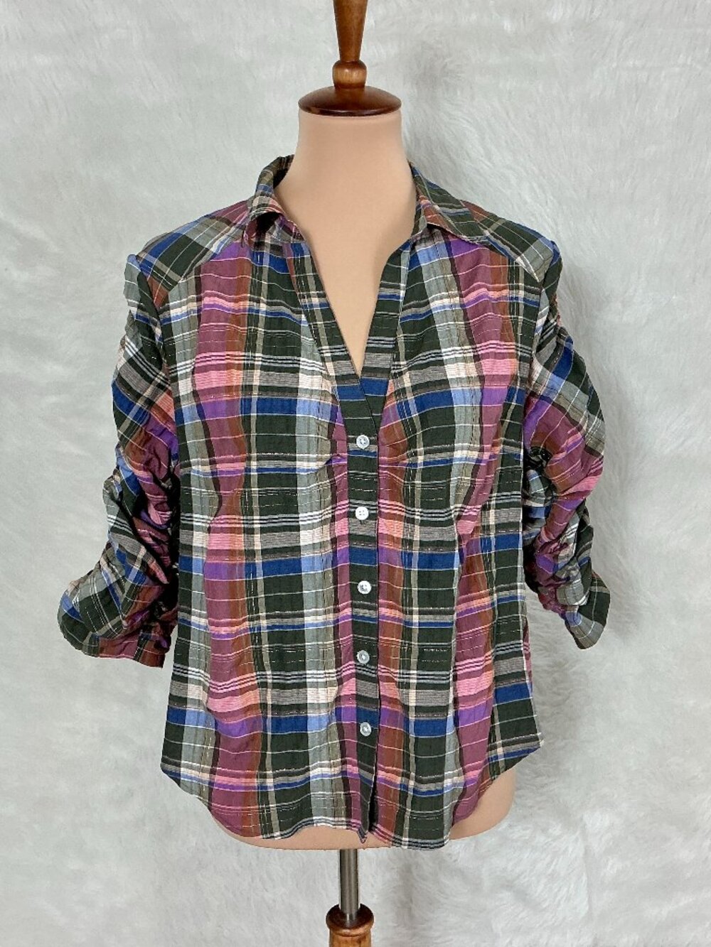 Veronica Beard Green Pink Metallic Plaid Porta Crinkle Ruched Sleeve Shirt L